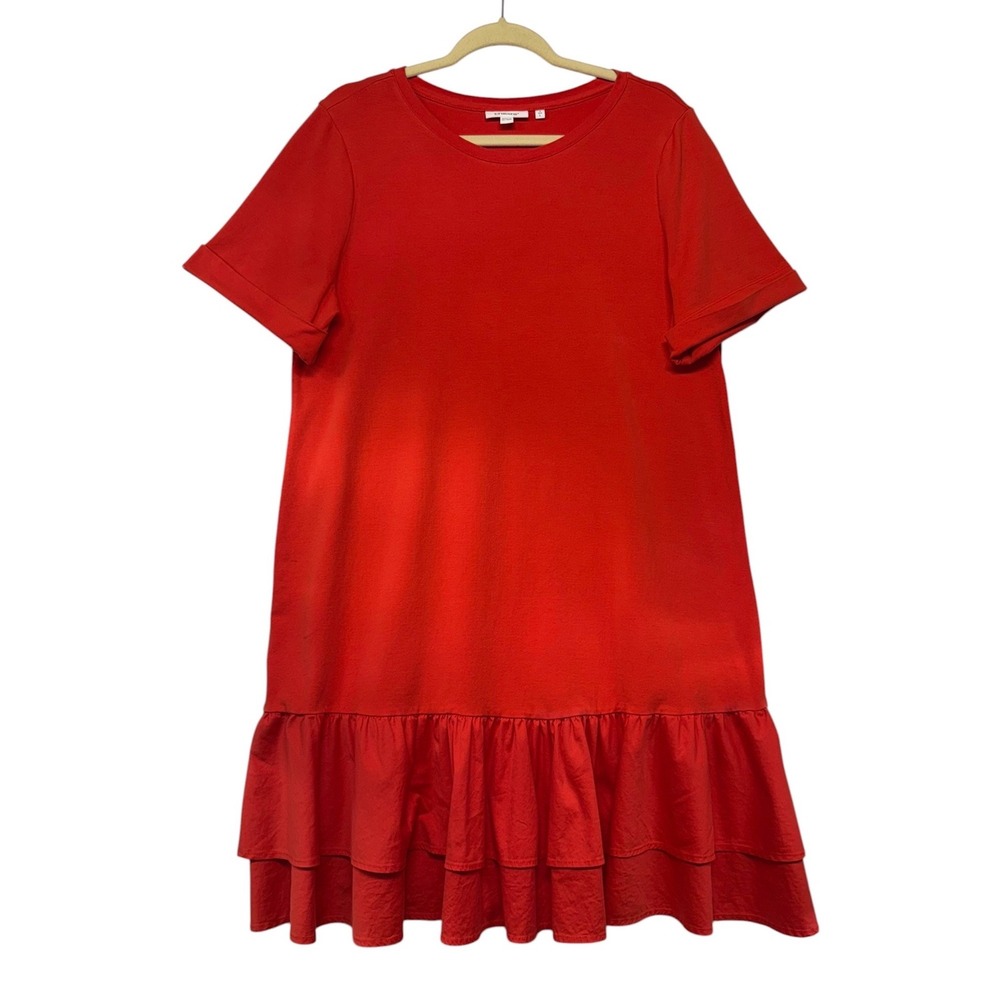 Chicos Orange Red Ruffle Hem T-Shirt Dress Sz 2 L Short Sleeve Cotton Blend